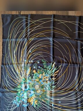 Square Black Floral Silk Scarf with Teal, Yellow & White Bouquet